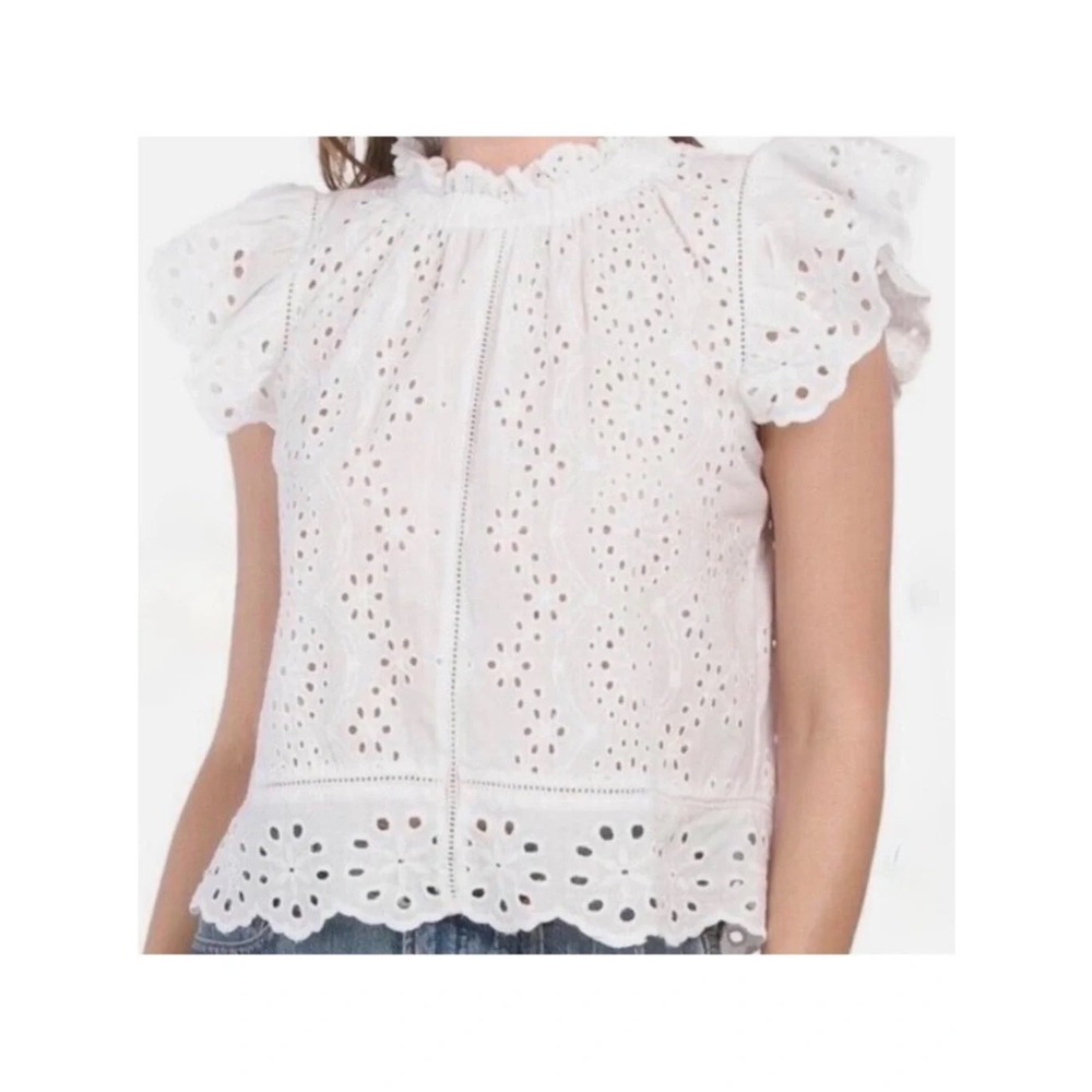 Jennifer & Grace White Eyelet Lace Button Back Ruffle Neck Blouse Womens Medium